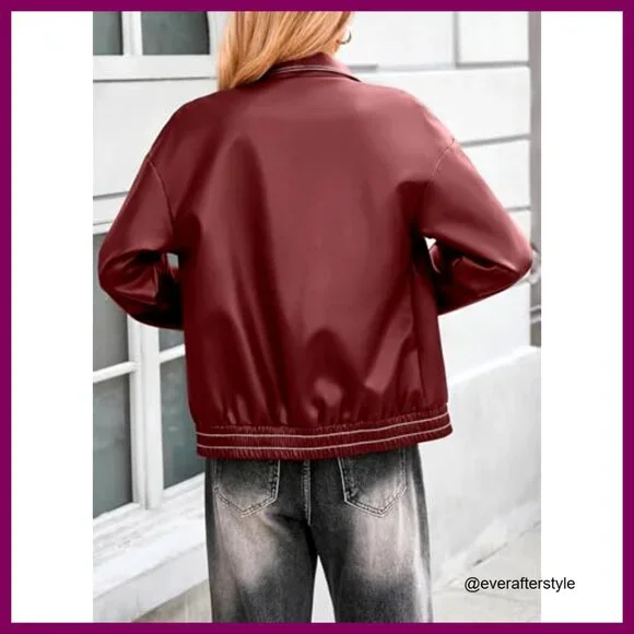 Faux Leather Motorcycle Jacket Oversized Bomber Zip Up Trendy Fall Winter